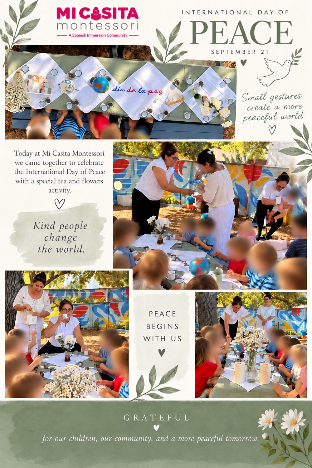 International Day of Peace celebration at Mi Casita Montessori with children and guides sharing flowers and tea